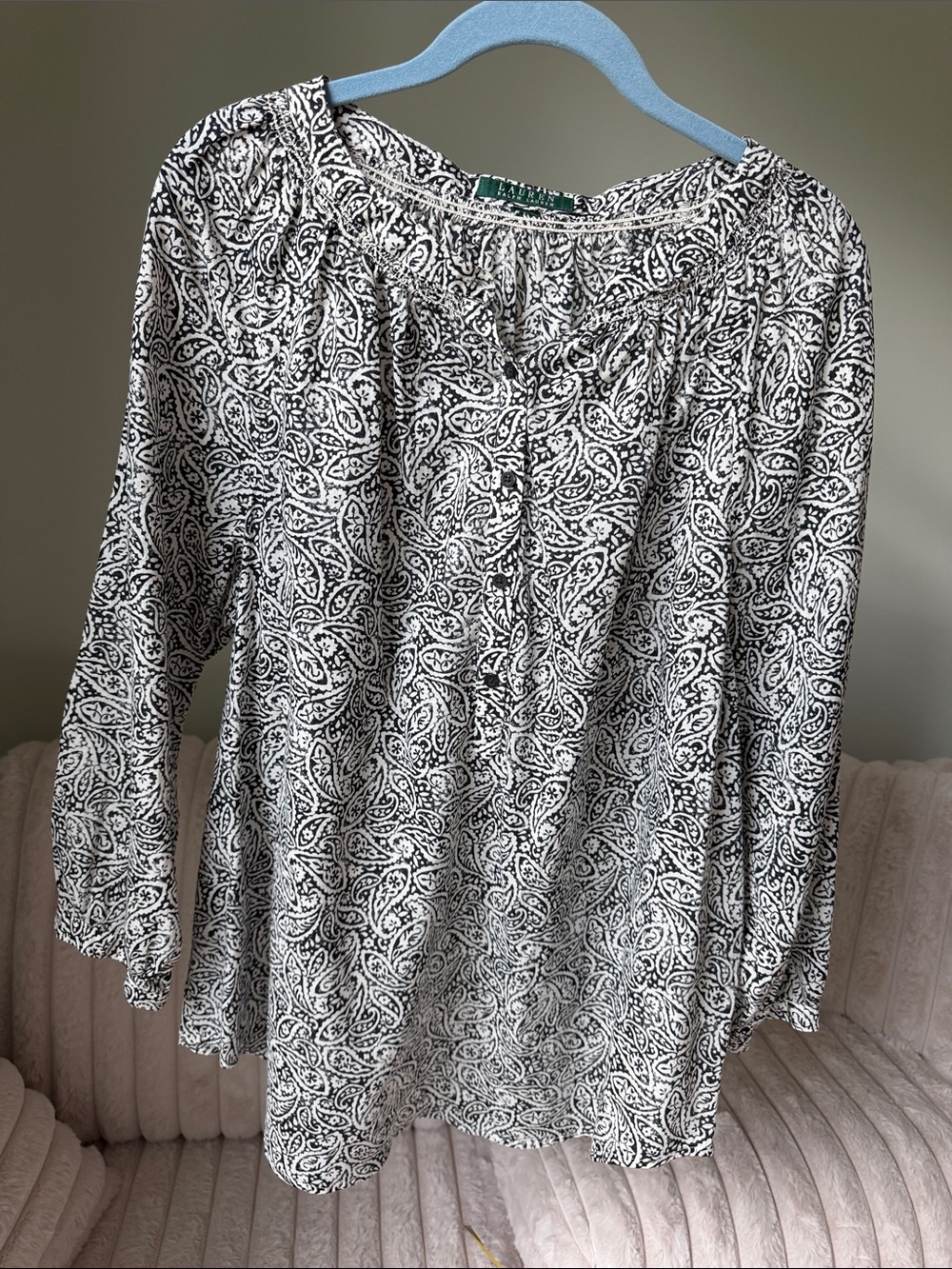 Ralph Lauren Black and White Paisley Blouse with 3/4 Sleeves